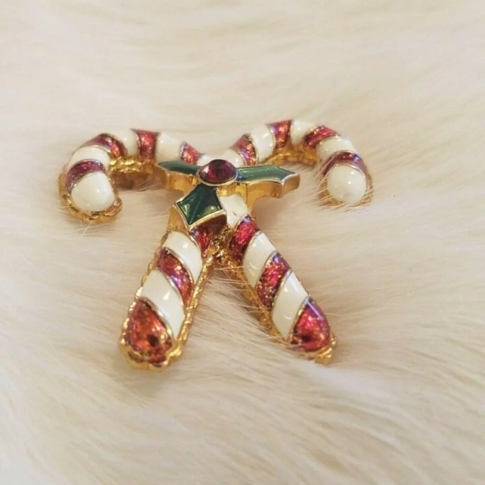 Vintage Christopher Radko Candy Cane Pin Christmas Rhinestone Enamel Signed 4925